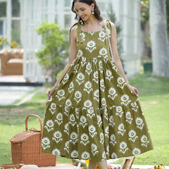 Stylum Women's Olive Green Floral Printed Cotton A-Line Dress (DRSGREENWILLOW)