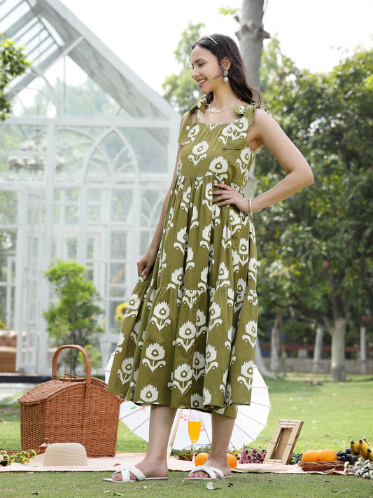 Stylum Women's Olive Green Floral Printed Cotton A-Line Dress (DRSGREENWILLOW)