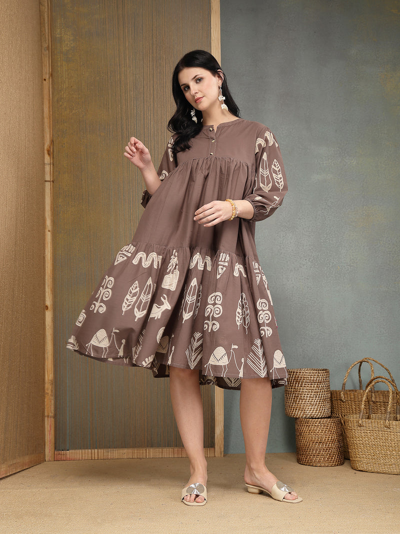 Stylum Women's Grey Boho Printed Cotton Tiered Dress (DRSGREYMAYURI)