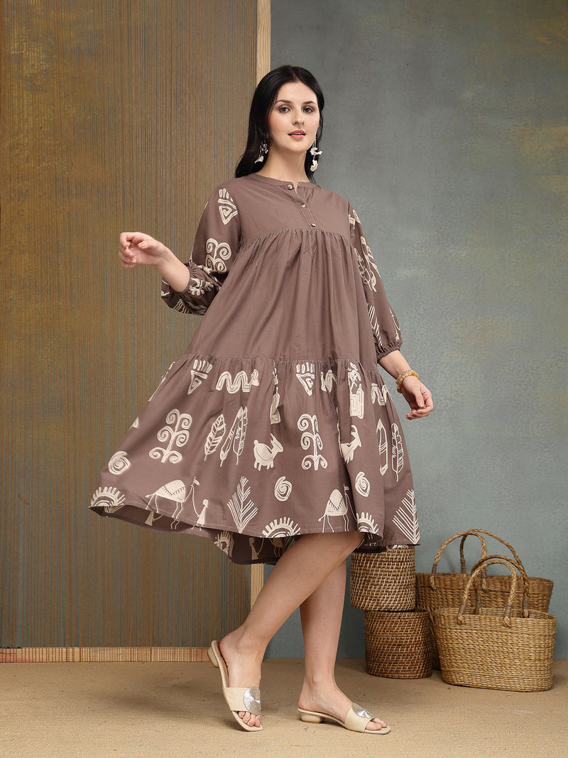 Stylum Women's Grey Boho Printed Cotton Tiered Dress (DRSGREYMAYURI)