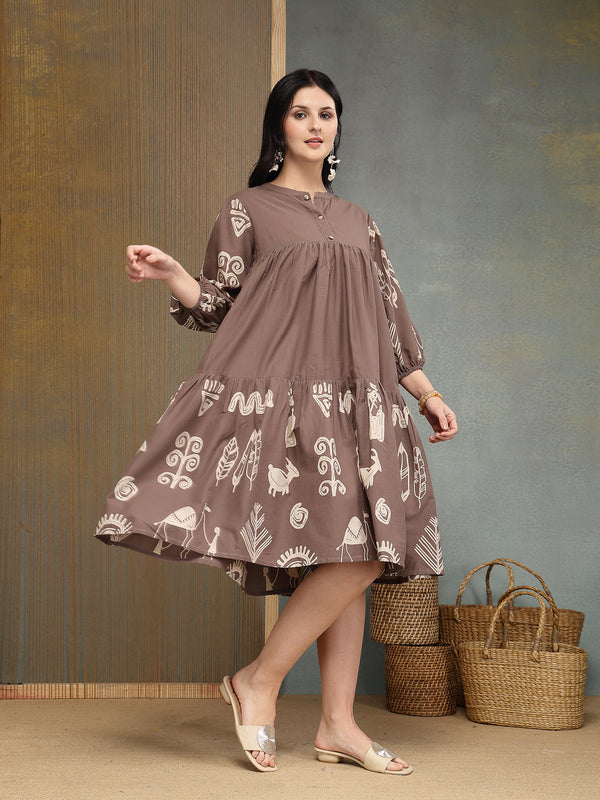 Stylum Women's Grey Boho Printed Cotton Tiered Dress (DRSGREYMAYURI)