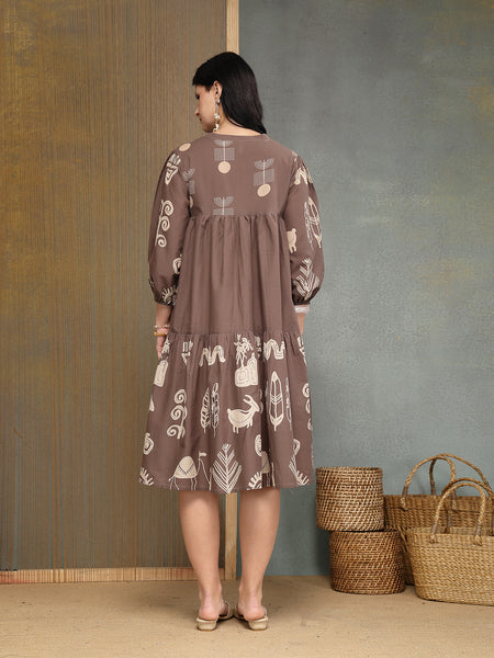 Stylum Women's Grey Boho Printed Cotton Tiered Dress (DRSGREYMAYURI)