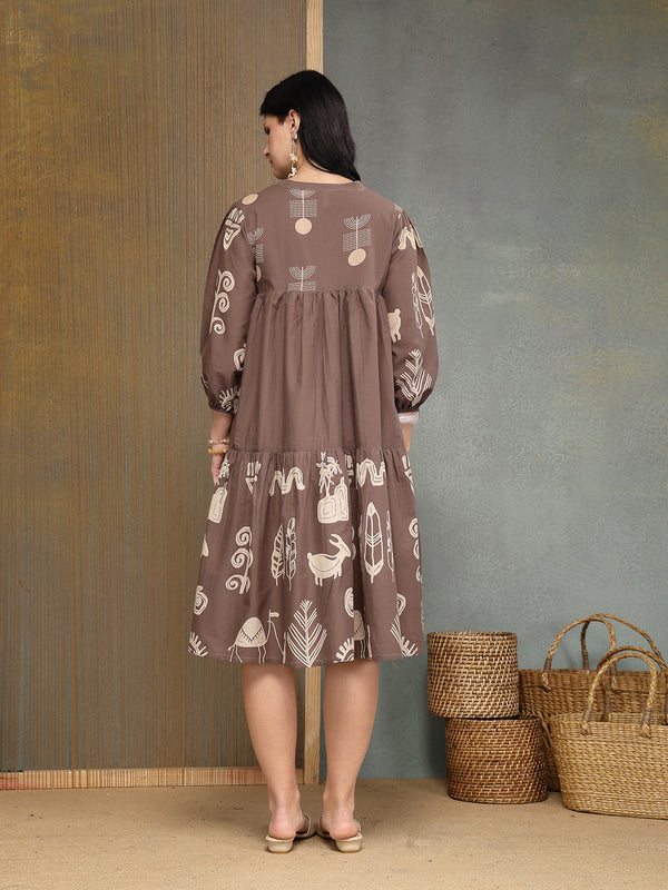 Stylum Women's Grey Boho Printed Cotton Tiered Dress (DRSGREYMAYURI)