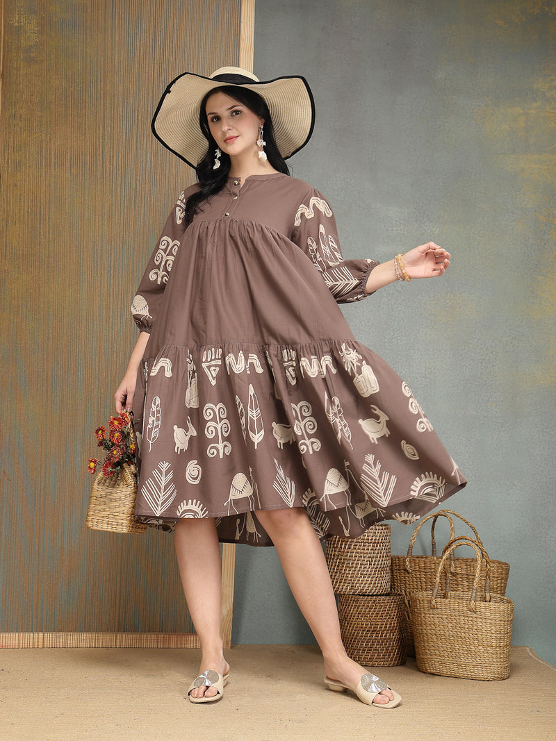 Stylum Women's Grey Boho Printed Cotton Tiered Dress (DRSGREYMAYURI)