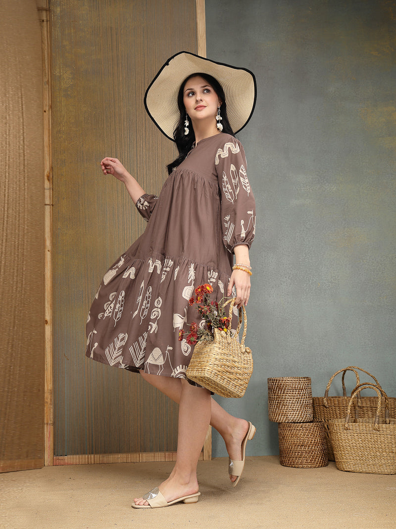 Stylum Women's Grey Boho Printed Cotton Tiered Dress (DRSGREYMAYURI)
