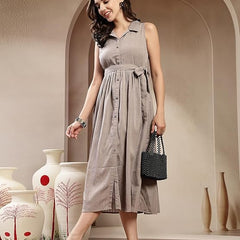 Stylum Women's Grey Self Design Crepe Pleated Dress (DRSGREYMOSS)