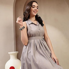 Stylum Women's Grey Self Design Crepe Pleated Dress (DRSGREYMOSS)