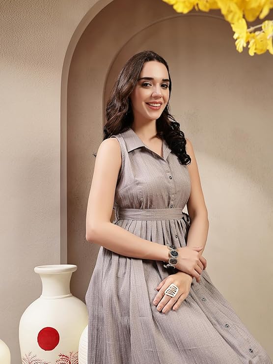 Stylum Women's Grey Self Design Crepe Pleated Dress (DRSGREYMOSS)