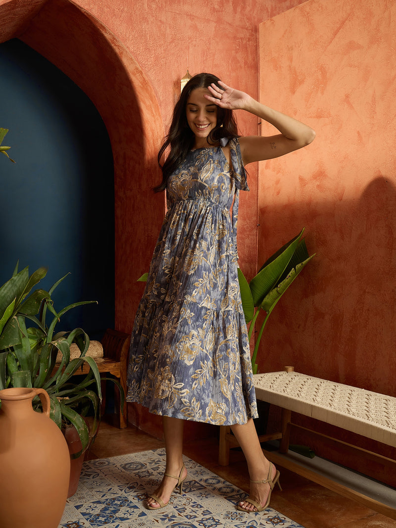 Stylum Women's Grey Floral Printed Crepe Tiered Dress (DRSGREYMURAD)