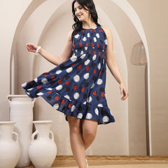 Stylum Women's Indigo Polka Dots Printed Cotton Tiered Dress (DRSINDIGORYTHEM)