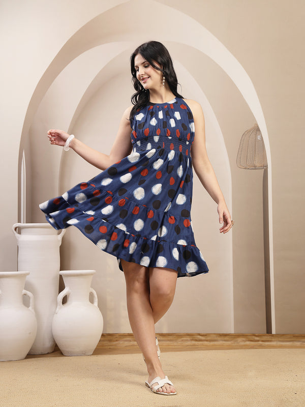 Stylum Women's Indigo Polka Dots Printed Cotton Tiered Dress (DRSINDIGORYTHEM)