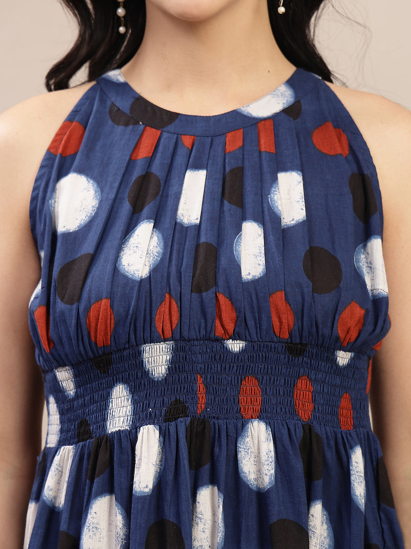 Stylum Women's Indigo Polka Dots Printed Cotton Tiered Dress (DRSINDIGORYTHEM)