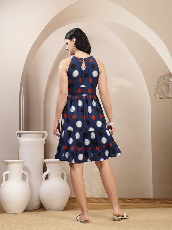 Stylum Women's Indigo Polka Dots Printed Cotton Tiered Dress (DRSINDIGORYTHEM)