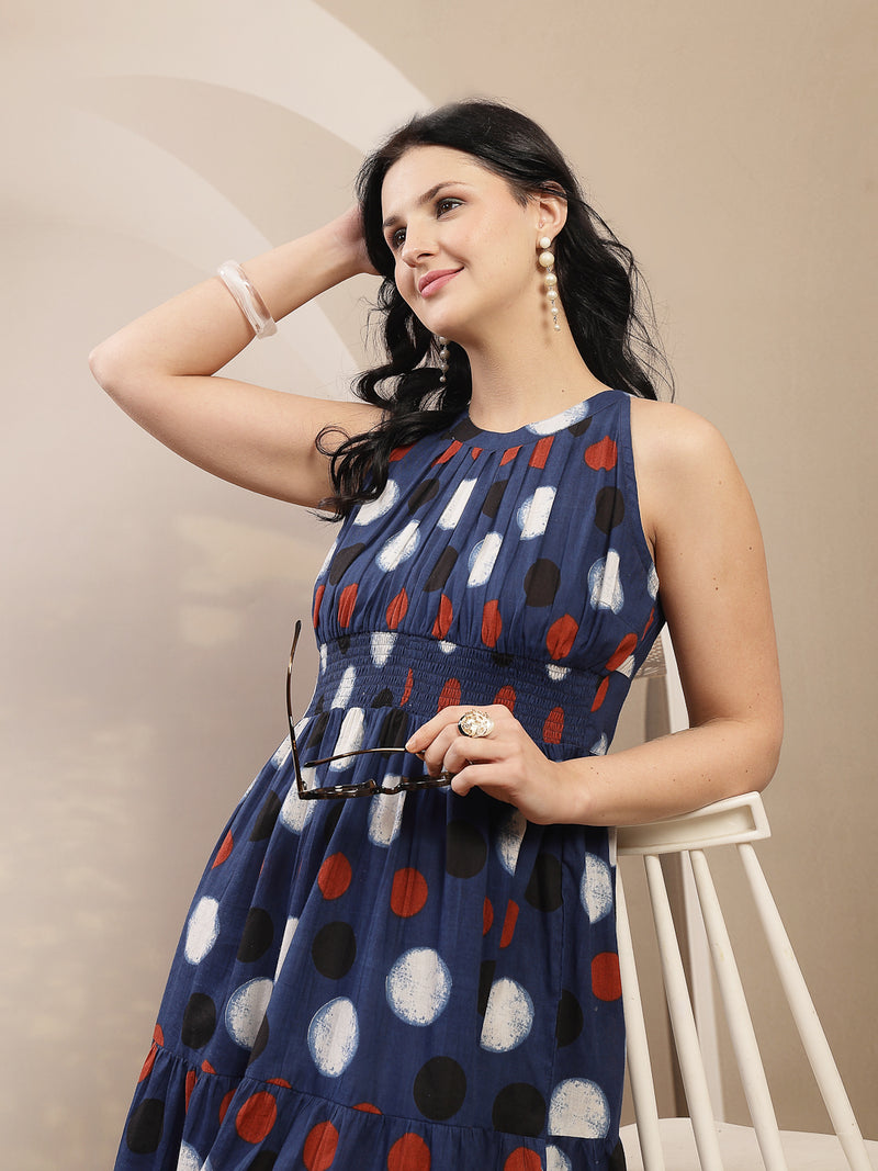 Stylum Women's Indigo Polka Dots Printed Cotton Tiered Dress (DRSINDIGORYTHEM)