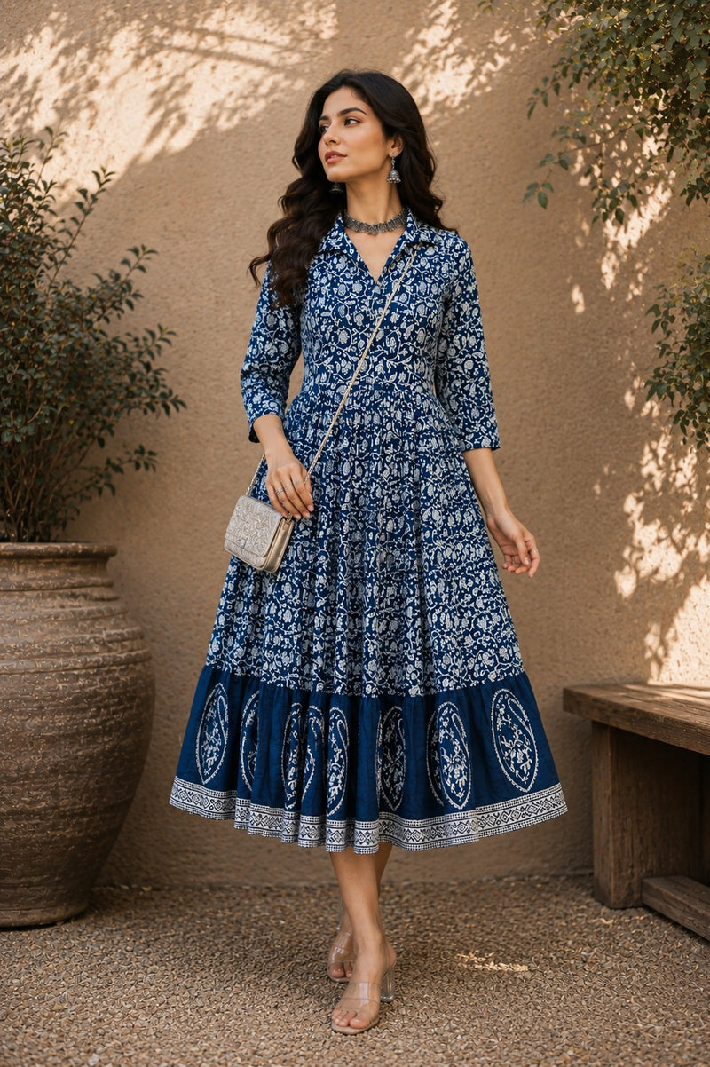 Stylum Women's Indigo Dabu Printed Cotton Flared Dress (DRSINDOBATRA)