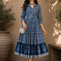 Stylum Women's Indigo Dabu Printed Cotton Flared Dress (DRSINDOBATRA)
