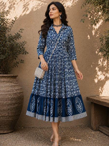 Stylum Women's Indigo Dabu Printed Cotton Flared Dress (DRSINDOBATRA)