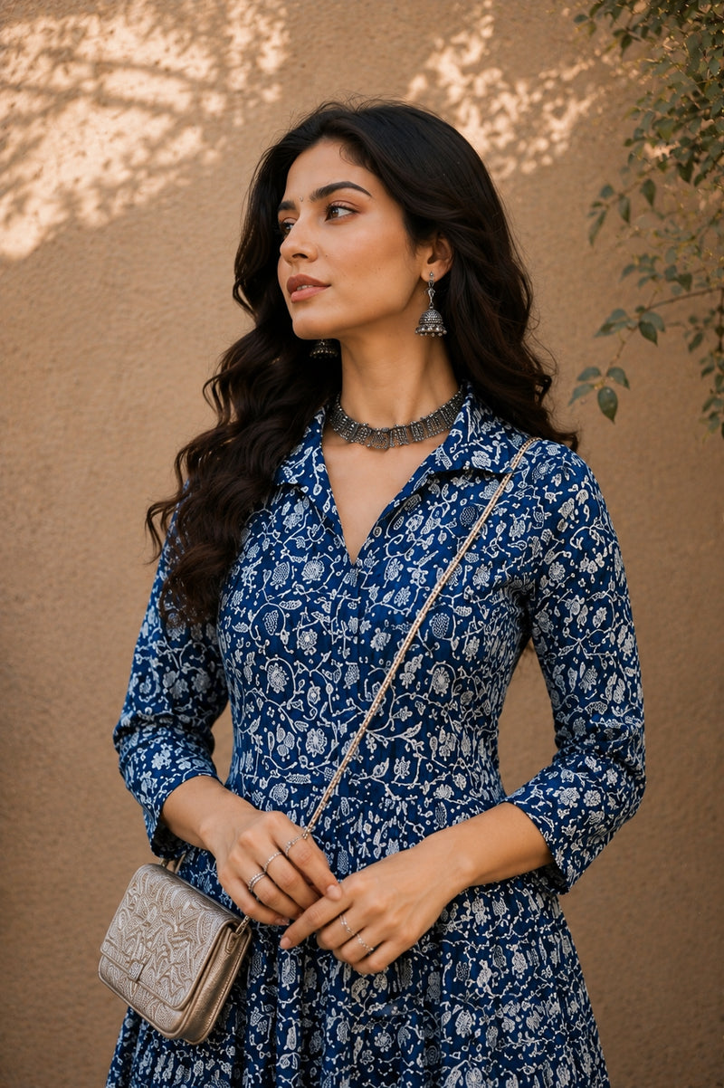 Stylum Women's Indigo Dabu Printed Cotton Flared Dress (DRSINDOBATRA)