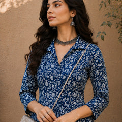 Stylum Women's Indigo Dabu Printed Cotton Flared Dress (DRSINDOBATRA)