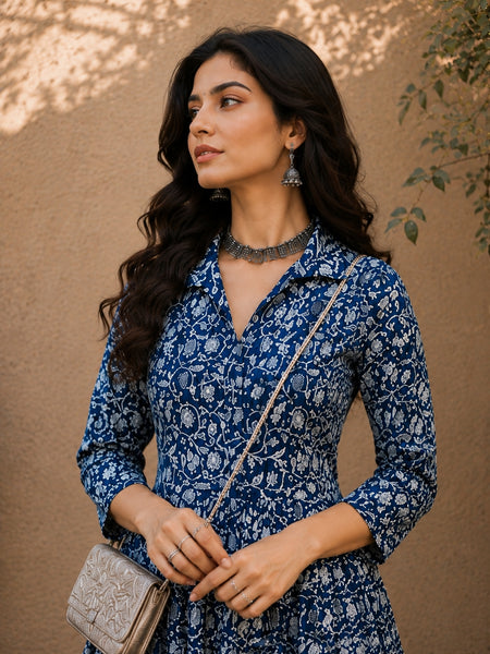 Stylum Women's Indigo Dabu Printed Cotton Flared Dress (DRSINDOBATRA)