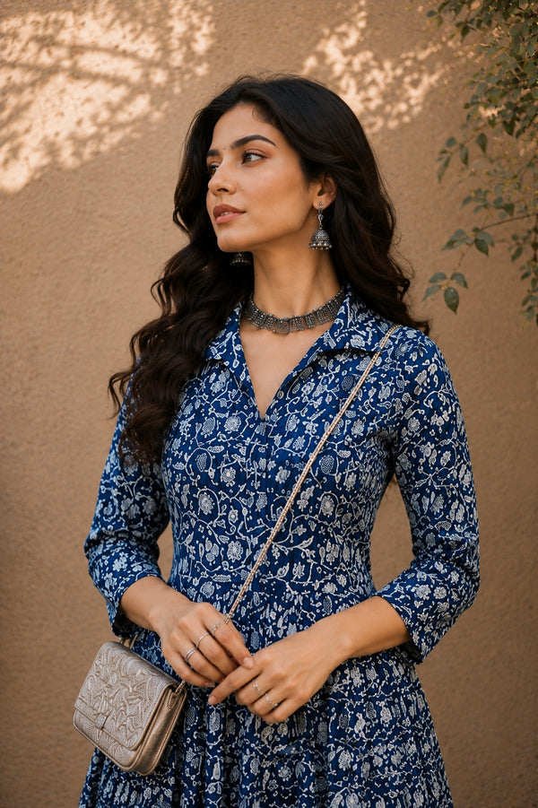 Stylum Women's Indigo Dabu Printed Cotton Flared Dress (DRSINDOBATRA)