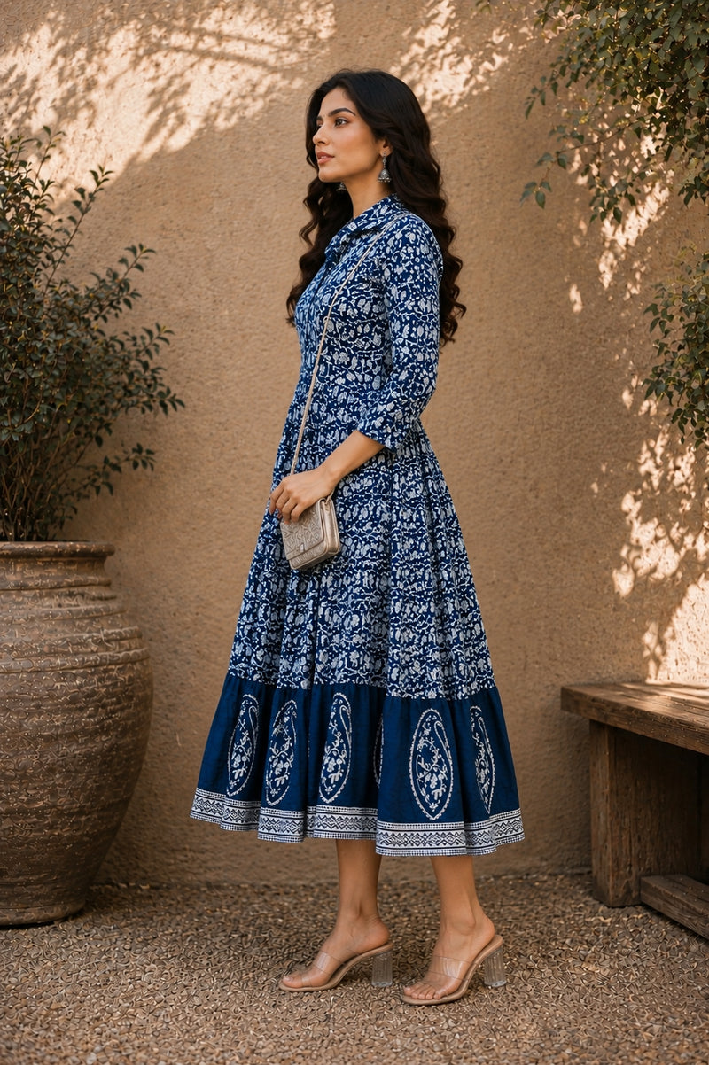 Stylum Women's Indigo Dabu Printed Cotton Flared Dress (DRSINDOBATRA)