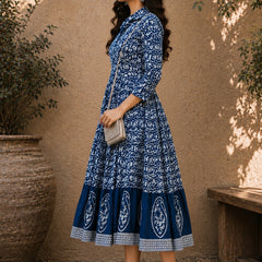 Stylum Women's Indigo Dabu Printed Cotton Flared Dress (DRSINDOBATRA)