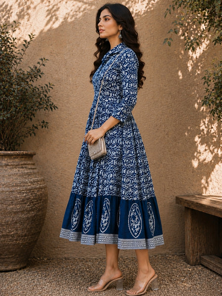 Stylum Women's Indigo Dabu Printed Cotton Flared Dress (DRSINDOBATRA)
