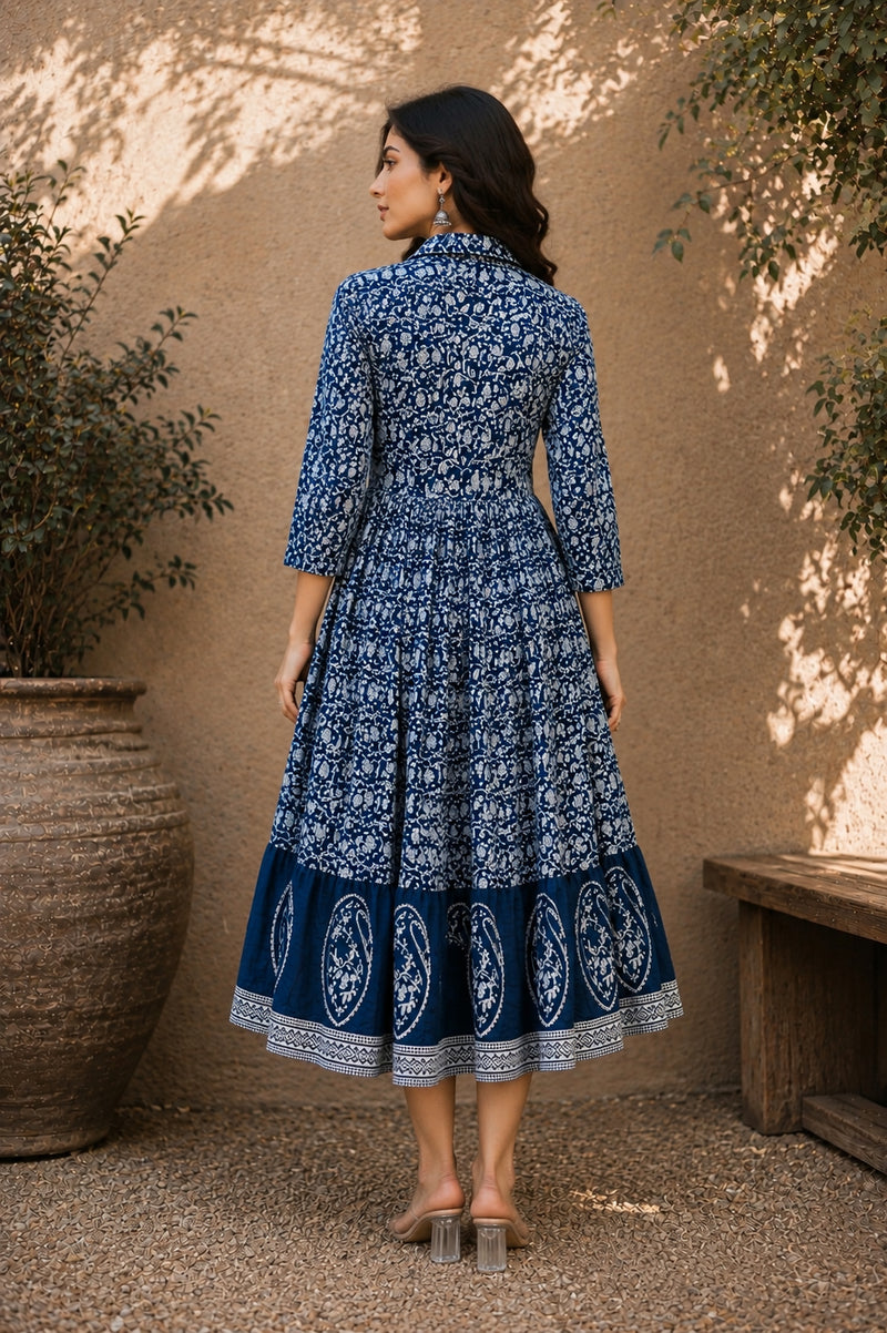 Stylum Women's Indigo Dabu Printed Cotton Flared Dress (DRSINDOBATRA)