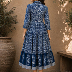 Stylum Women's Indigo Dabu Printed Cotton Flared Dress (DRSINDOBATRA)