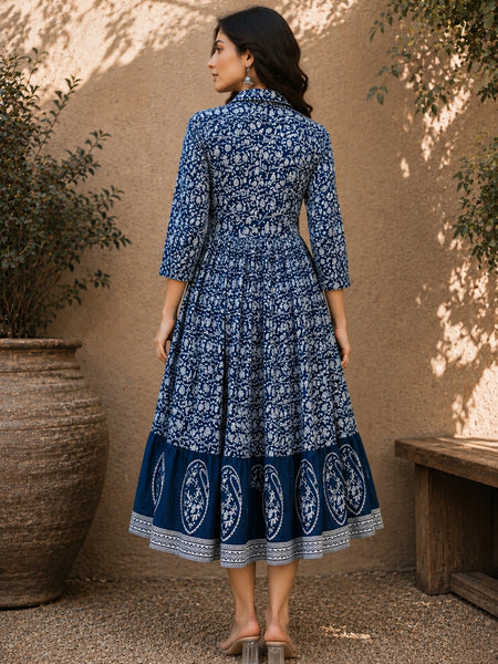 Stylum Women's Indigo Dabu Printed Cotton Flared Dress (DRSINDOBATRA)