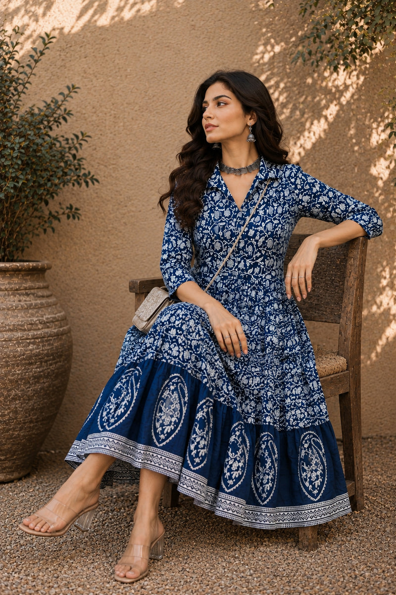 Stylum Women's Indigo Dabu Printed Cotton Flared Dress (DRSINDOBATRA)