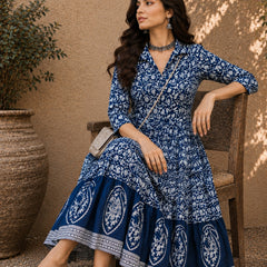 Stylum Women's Indigo Dabu Printed Cotton Flared Dress (DRSINDOBATRA)