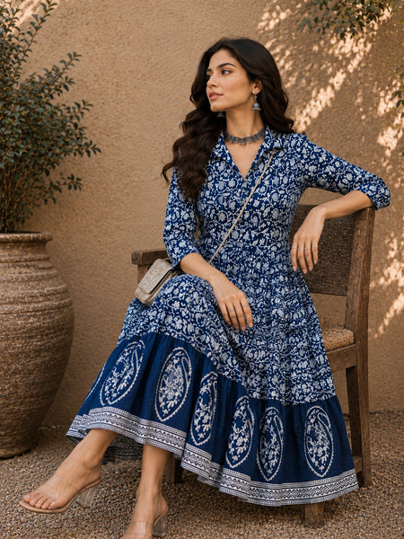 Stylum Women's Indigo Dabu Printed Cotton Flared Dress (DRSINDOBATRA)