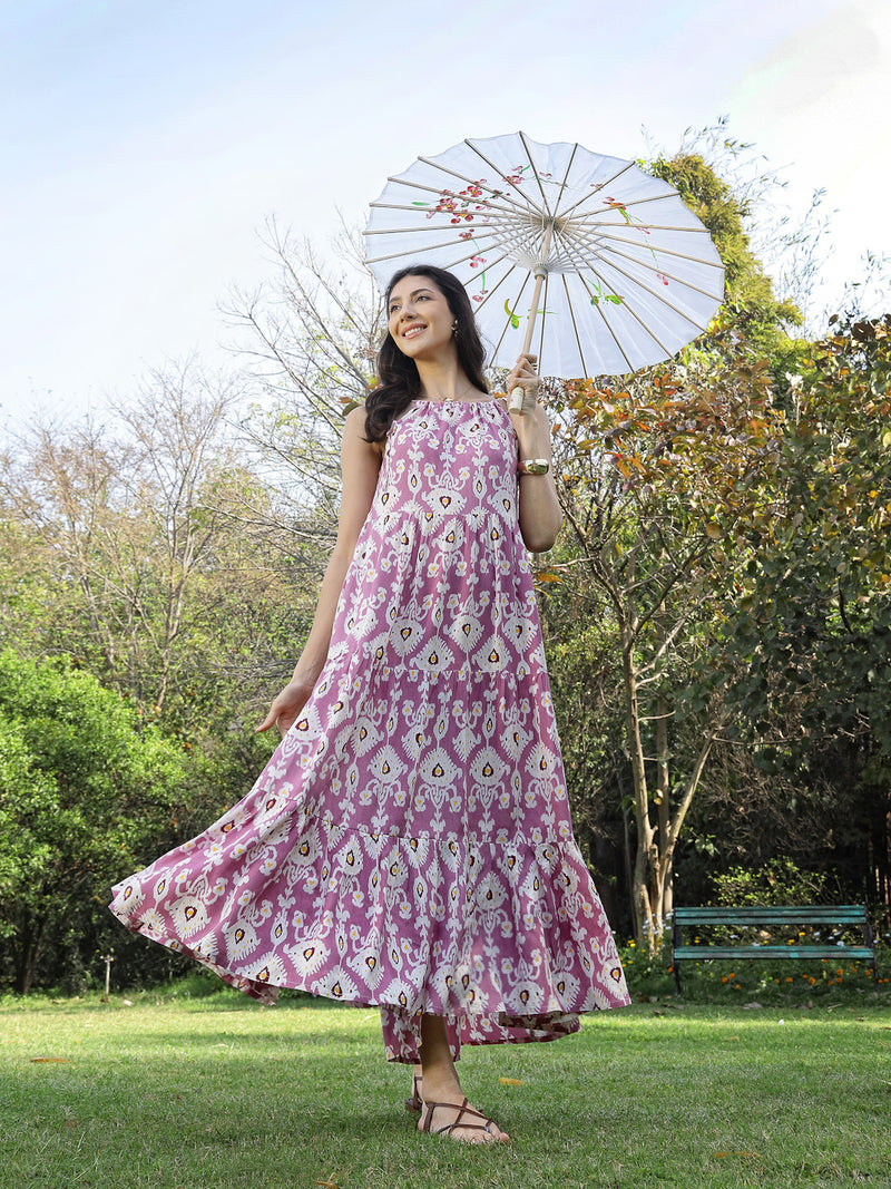 Stylum Women's Lavender Ikat Printed Rayon Tiered Dress (DRSLAVENDERIRON)