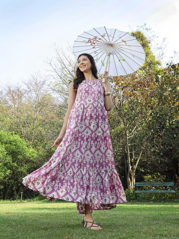 Stylum Women's Lavender Ikat Printed Rayon Tiered Dress (DRSLAVENDERIRON)