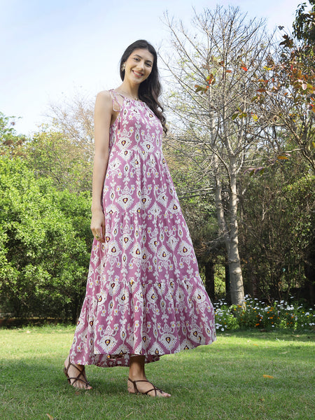 Stylum Women's Lavender Ikat Printed Rayon Tiered Dress (DRSLAVENDERIRON)