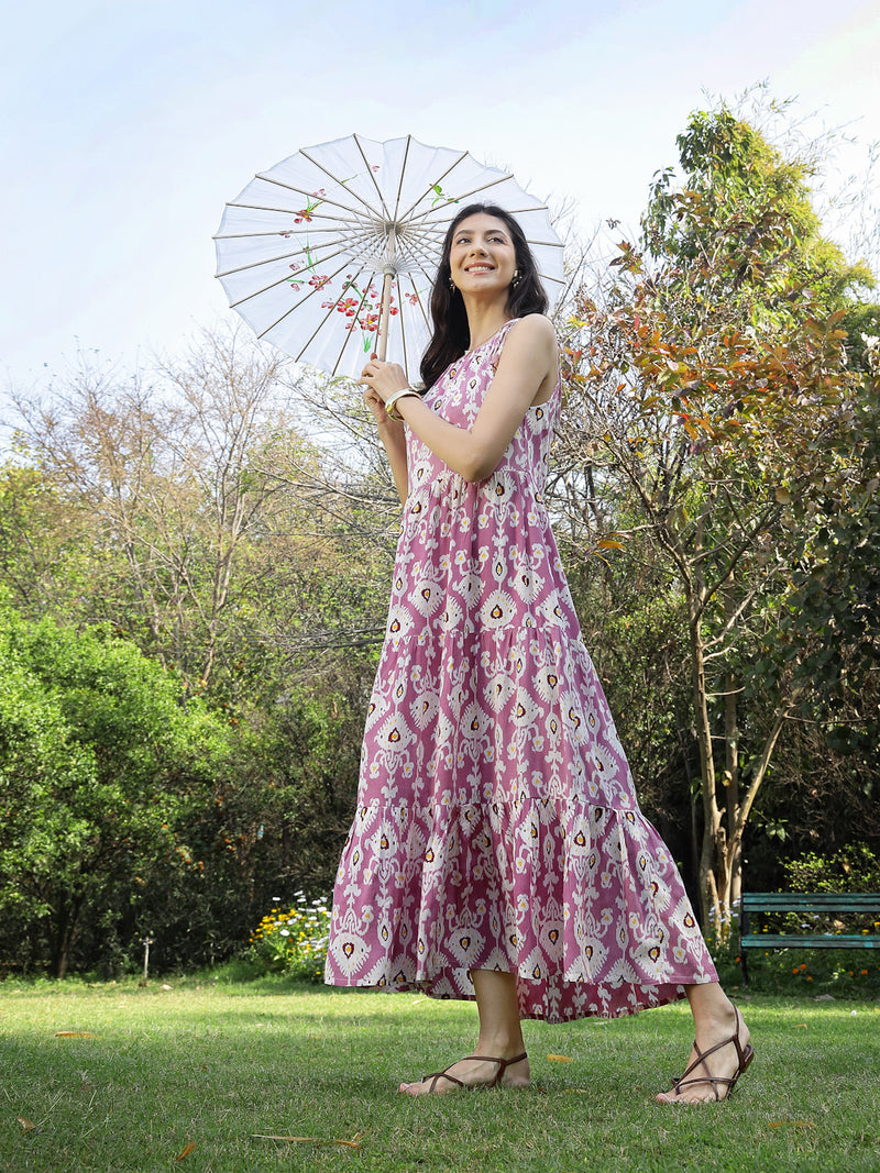 Stylum Women's Lavender Ikat Printed Rayon Tiered Dress (DRSLAVENDERIRON)