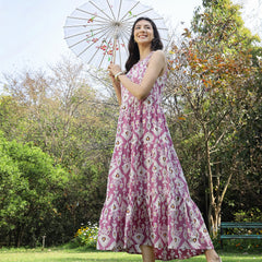 Stylum Women's Lavender Ikat Printed Rayon Tiered Dress (DRSLAVENDERIRON)