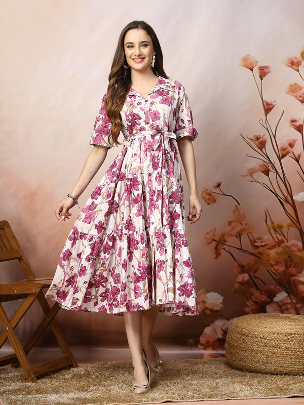 Stylum Women's Floral Printed Cotton Flared Dress (DRSMAGENTAKINNU)