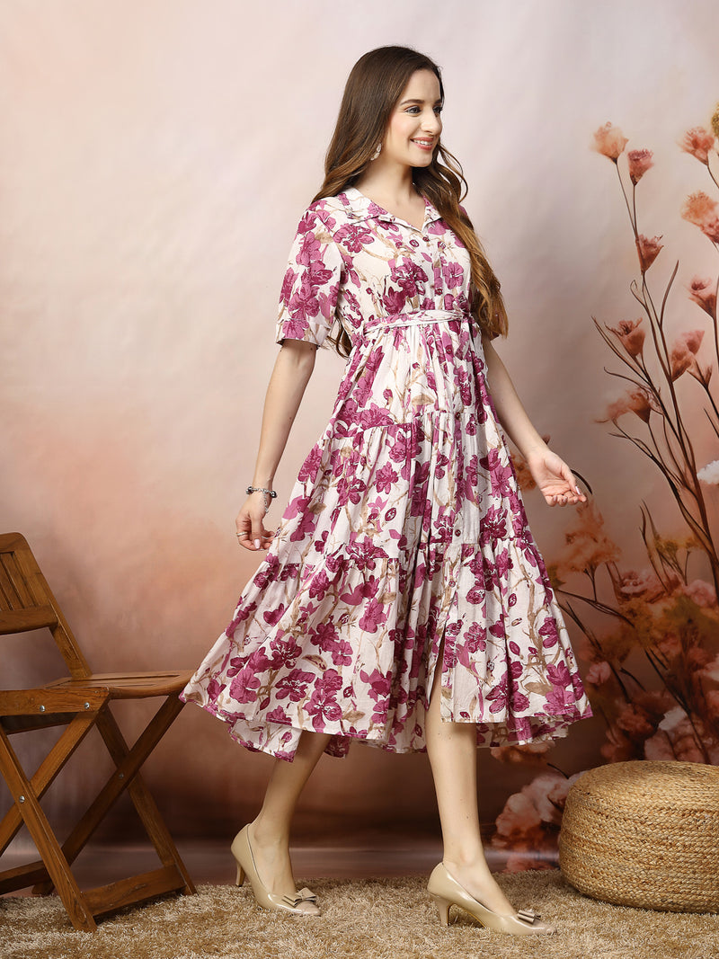 Stylum Women's Floral Printed Cotton Flared Dress (DRSMAGENTAKINNU)