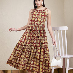 Stylum Women's Floral Printed Cotton Long Flared Dress (DRSMAROONDABU)