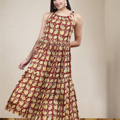 Stylum Women's Floral Printed Cotton Long Flared Dress (DRSMAROONDABU)