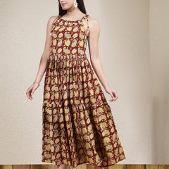 Stylum Women's Floral Printed Cotton Long Flared Dress (DRSMAROONDABU)