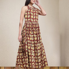 Stylum Women's Floral Printed Cotton Long Flared Dress (DRSMAROONDABU)