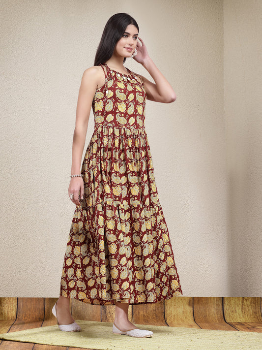 Stylum Women's Floral Printed Cotton Long Flared Dress (DRSMAROONDABU)