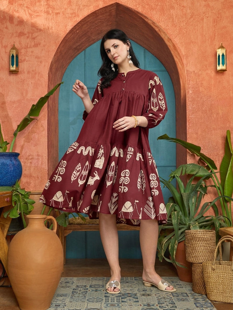 Stylum Women's Maroon Boho Printed Cotton Tiered Dress (DRSMAROONMAYURI)