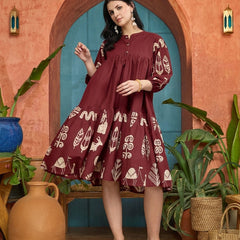 Stylum Women's Maroon Boho Printed Cotton Tiered Dress (DRSMAROONMAYURI)