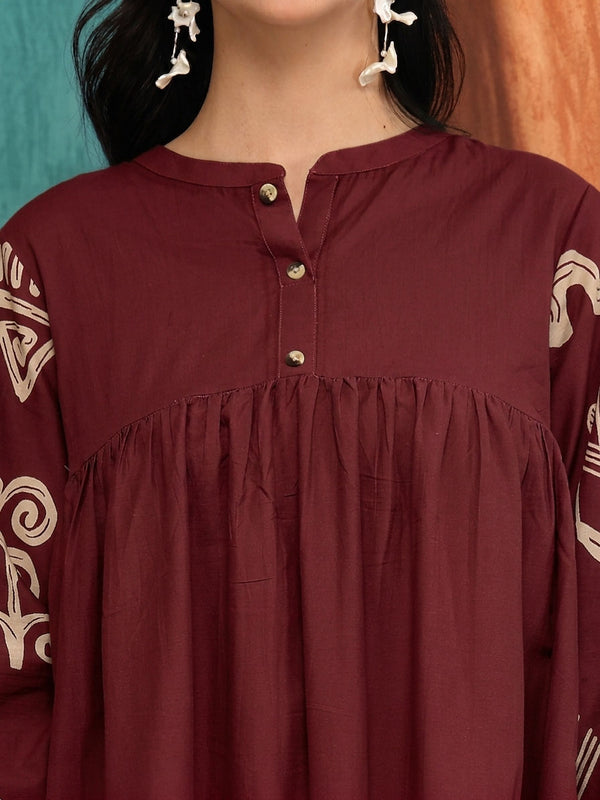 Stylum Women's Maroon Boho Printed Cotton Tiered Dress (DRSMAROONMAYURI)