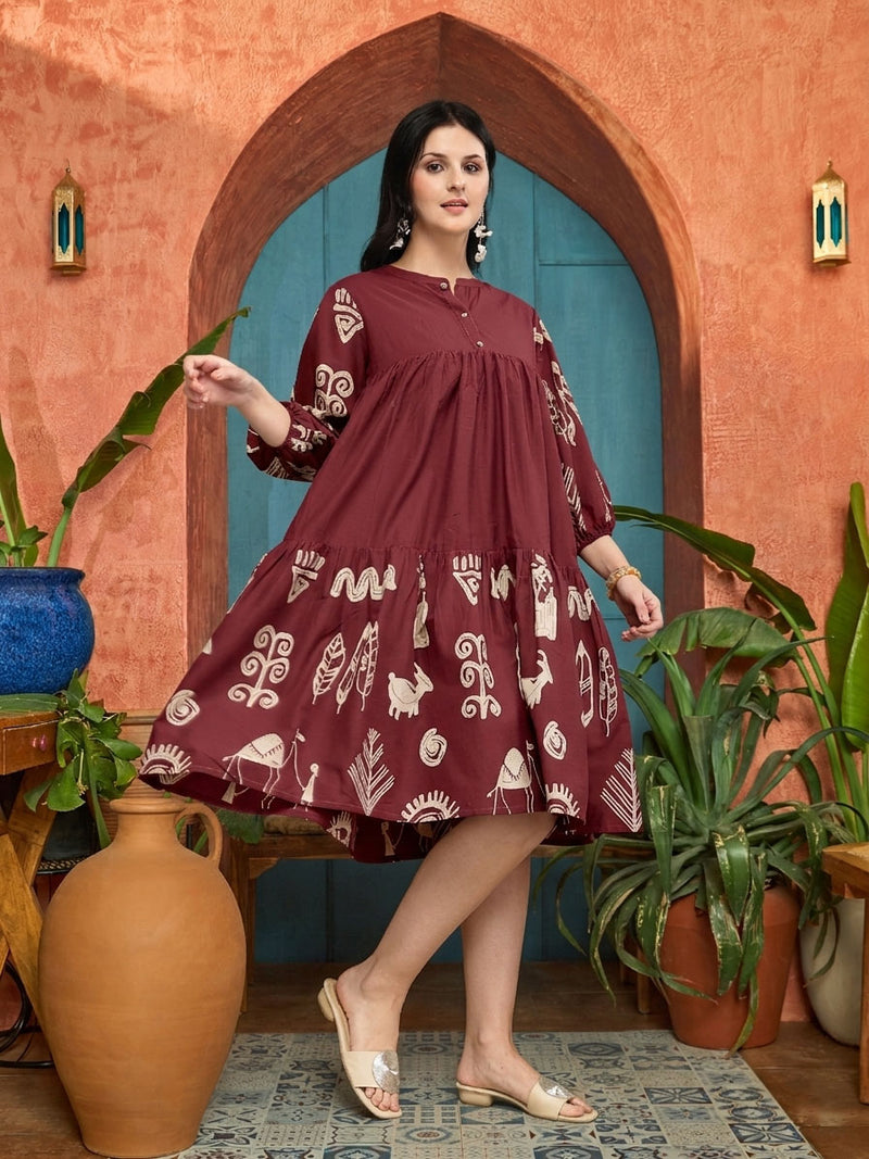Stylum Women's Maroon Boho Printed Cotton Tiered Dress (DRSMAROONMAYURI)